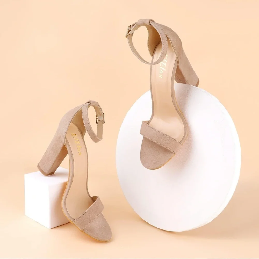 🆕 ElElax | 4 Inch Block High Heel Suede Sandals in Nude Size 6.5